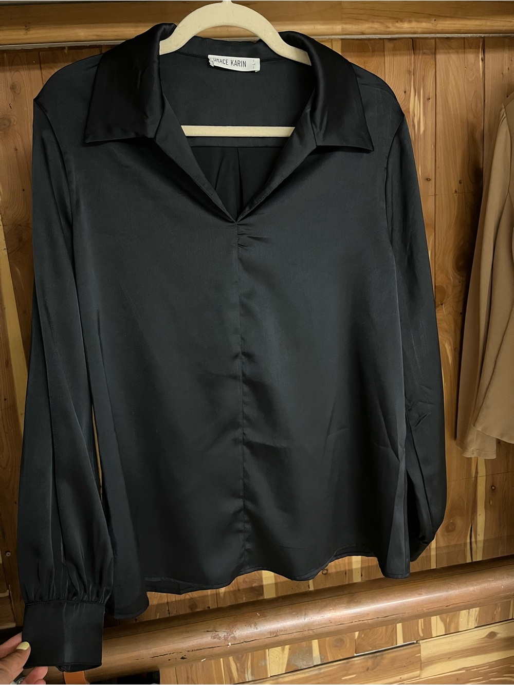 Grace Karin Black Satin Collared Blouse